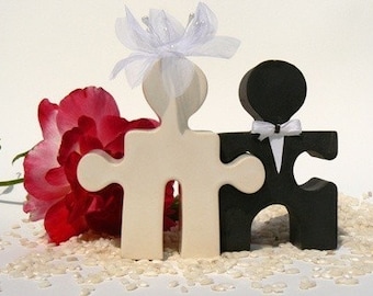 Puzzle People Wedding Cake Topper Mr. and Mrs. Bride and Groom Classic Black and White Ceramic Salt and Pepper Shaker Set For Ever After