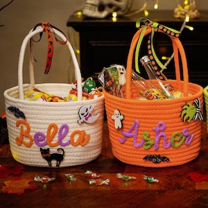 Trick or Treat Halloween Crochet Name Boo Basket, Custom Halloween Spooky Season Crochet Boo Basket, Halloween Candy Tote, Spooky Decoration