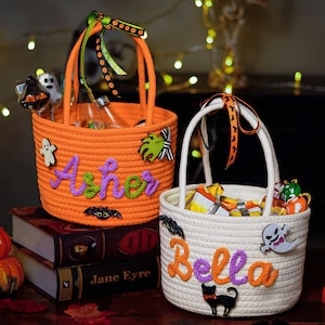 Custom Halloween Spooky Crochet Name Boo Basket, Trick or Treat Bag Gift, Custom Halloween Crochet Pattern Tote, Halloween Favors Decoration