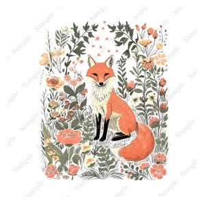 Może przedstawiać: Żywa ilustracja lisa siedzącego pośród kolorowej gamy kwiatów i liści. Lis ma pomarańczowe futro, białą pierś i czarne nogi. Kwiaty są w odcieniach brzoskwini, żółci i różu, z zielonymi liśćmi. Grafika ma kapryśny motyw inspirowany naturą.