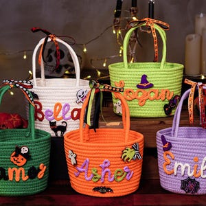 Custom Halloween Crochet Pattern Tote, Halloween Spooky Season Crochet Name Gift Basket,Trick or Treat Name Boo Basket Gift,Halloween Favors