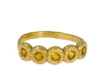 18k Gold Solid Half Eternity Ring Set with 5 Yellow Sapphires, A Luxurious and Vibrant Symbol of Love.