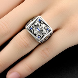 Men&#39;s Sterling Silver Fleur De Lis Ring with Blue Gemstones | Royal Cross Gothic Signet Ring | Unique Gift for Him