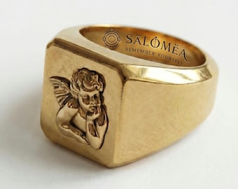 Anillo de sello de ángel de oro de 14 quilates, anillo guardián celestial cuadrado, joyería llamativa grabable