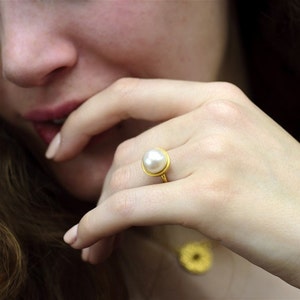 Pearl Ring, Pearl Ring 14K Yellow Gold, Round Pearl Ring, White Pearl Ring, Statement Pearl Ring, Large Pearl Ring, Made in Israel. image 1