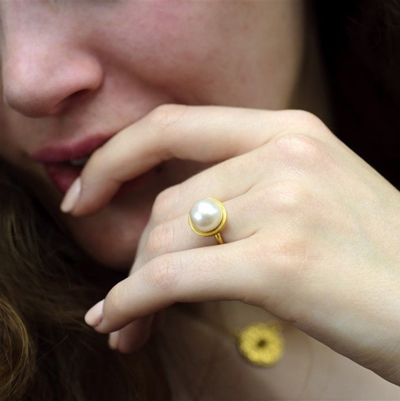 Pearl Ring, Pearl Ring 14K Yellow Gold, Round Pearl Ring, White Pearl Ring, Statement Pearl Ring, Large Pearl Ring, Made in Israel. image 1