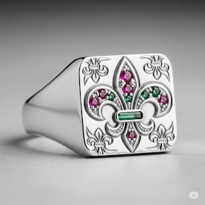 Fleur De Lis Signet Ring | Emerald & Ruby Sterling Silver Ring | Gemstone Heraldic Jewelry | Unisex Royal Inspired Gift