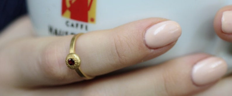 Garnet Ring Birthstone January Natural Stones Modernist Garnet Ring Hammed Garnet Ring Round Gold 14K Yellow Garnet Ring Gift For Her