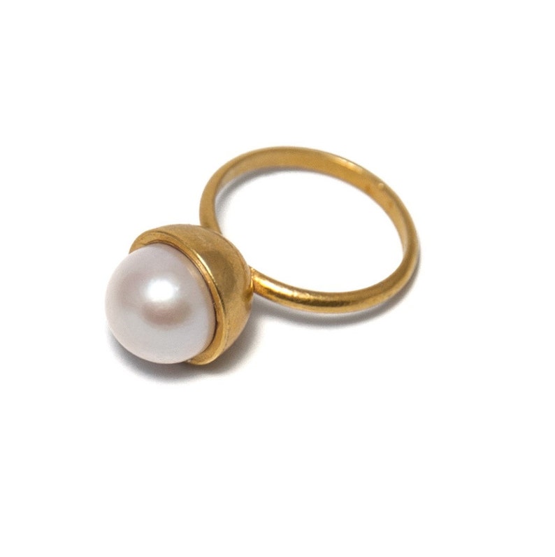 Pearl Ring, Pearl Ring 14K Yellow Gold, Round Pearl Ring, White Pearl Ring, Statement Pearl Ring, Large Pearl Ring, Made in Israel. image 4