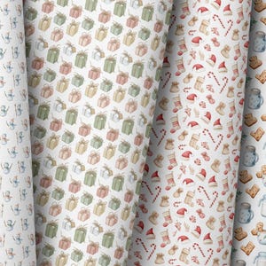 May include: Four rolls of patterned paper with Christmas-themed designs. The patterns include snowmen, wrapped gifts, Santa hats, stockings, candy canes, gingerbread men, milk jugs, and carrots. The color palette is soft, with pastel shades of blue, green, red, and beige.