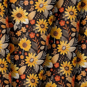 May include: A fabric with a repeating floral pattern featuring large yellow sunflowers, orange and yellow wildflowers, and brown and grey leaves on a black background. The design has a watercolour effect.