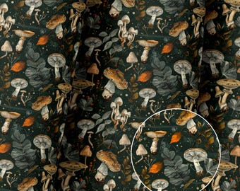 May include: Dark green fabric with a repeating pattern of mushrooms, leaves, and orange accents. The mushrooms have brown caps and white stems. The leaves are gray and the overall design has a vintage, botanical feel.