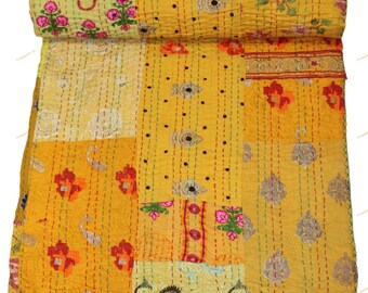 Cotton with Silk Handwoven Patchwork Kantha Quilt , Vintage Gudri , Traditional Art , Throw Blanket