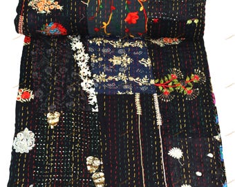 Indian Handwoven Patchwork Cotton with Silk Kantha Quilt, Vintage Gudri, Bedsheet, Bedspread, Throw Blanket