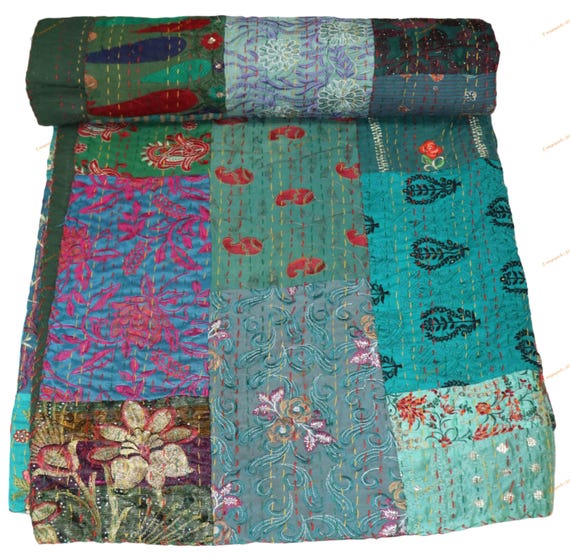 Indian Handwoven Patchwork Cotton with Silk Kantha Quilt, Vintage Gudri, Bedsheet, Bedspread, Throw Blanket