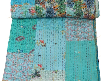 Cotton with Silk Handwoven Patchwork Kantha Quilt , Vintage Gudri , Traditional Art , Throw Blanket