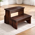 Acacia Wood Two Step Stool, Heavy Duty Non-Slip Kitchen Bathroom Ladder
