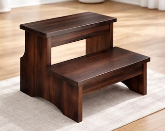 アカシア材製二段踏み台、頑丈な滑り止め付きキッチン・浴室用はしご