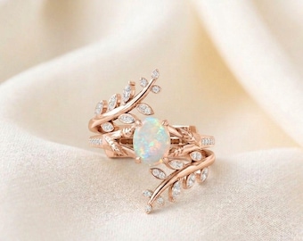 Nature Inspired Oval Opal Engagement Ring Set Unique Forest Brach Art Deco Wedding Ring Minimalist Birthstone Statement Ring For Spouse.