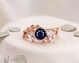 Vintage Natural Sandstone Floral Ring Dainty Diamond Accent Leaf Design Bridal Jewelry Wedding Minimalist Birthstone Statement Piece for her