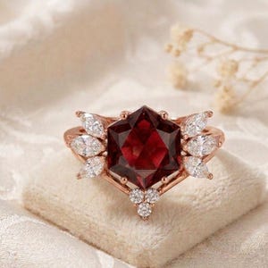 Vintage Hexagon Ruby Art Deco Engagement Unique Cluster Marquise Diamond And Celestial Boho Gemstone Birthstone Ring For Spouse.