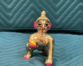 Idolo della divinità Laddu Gopal in ottone per bambino Krishna per Puja e decorazione del tempio domestico, Murti tradizionale in ottone per adorazione e regalo