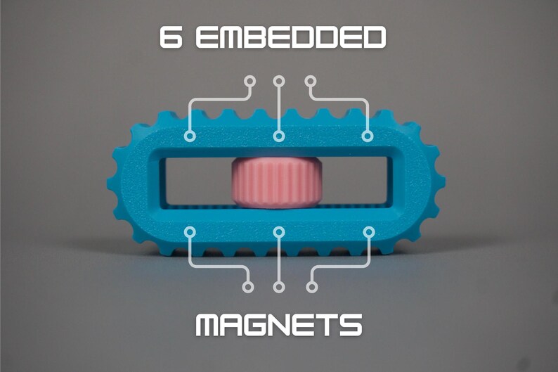 May include: A turquoise blue, gear-shaped object with a rectangular center, housing a pink cylinder. The text "6 EMBEDDED MAGNETS" is displayed above and below the object, with lines pointing to the embedded magnets.