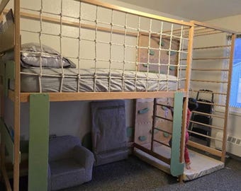 Montessori Wooden Bunk Bed with Climbing Frame – Floor Bed with Safety Rails for Kids or Toddlers – Indoor Gym Playhouse