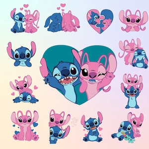 May include: A collection of cartoon illustrations featuring the characters Stitch and Angel in various poses. The images are primarily blue and pink, with hearts and expressions of affection. The designs are suitable for stickers, prints, or other merchandise.