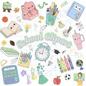 May include: A collection of school-themed clipart illustrations. Includes a pink backpack, pencils, a notebook, a calculator, a clock, and a smiling apple. The text "School Clipart" is also present.