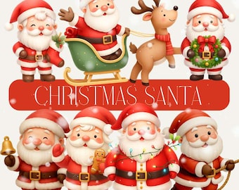 Santa Claus Clipart Bundle, 30 Christmas PNG, Holiday Clip Art, 3D Cartoon Santa, Transparent
