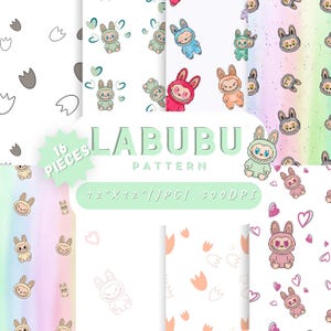 Seamless Labubu Kawaii Patterns – 16 Cute Cartoon Digital Papers PNG JPG 3600x3600px 300DPI