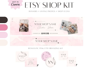 Puede incluir: Un kit de tienda Etsy rosa romántico con banners, fotos de productos e iconos de tienda. El kit incluye plantillas con espacio para nombres de tiendas y redes sociales. El diseño presenta fondos rosas de estilo acuarela e ilustraciones de plumas.