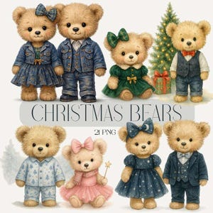 Christmas Bears Clipart |  Teddy Bear Clip Art | Watercolor Christmas Animals | Kids Holiday Illustration Pack