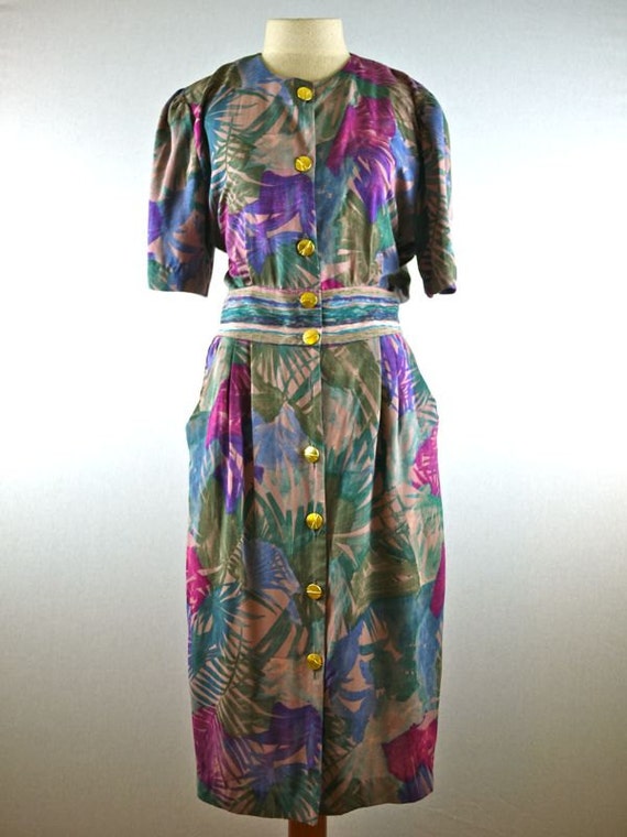 Tropical Floral Dress with Striped Waistline