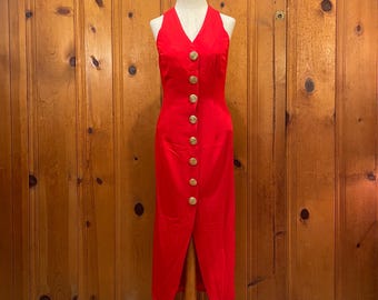 green emerald velvet dress Red Velvet Vintage Dress with Gold Buttons, Red / M main image 1