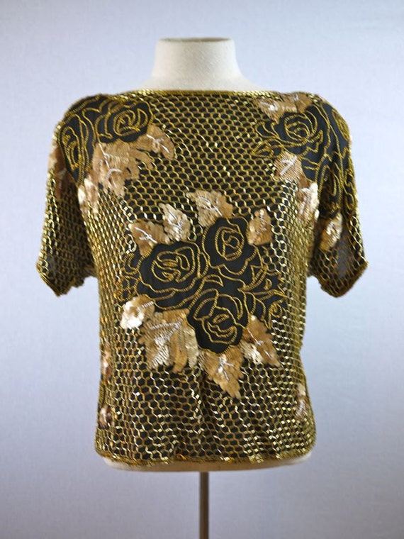 Gold and Black Sequined Short Sleeve Floral Beade… - image 2