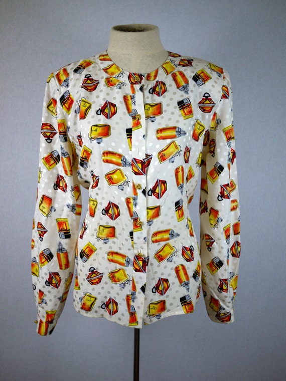 80s Novelty Print Perfume Bottle Blouse - image 1