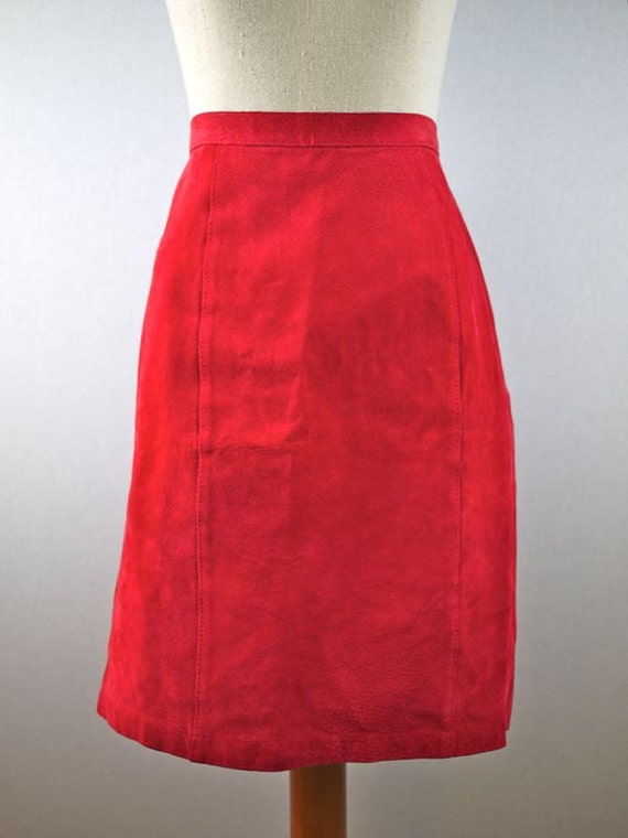 Red Leather Suede Pencil Skirt