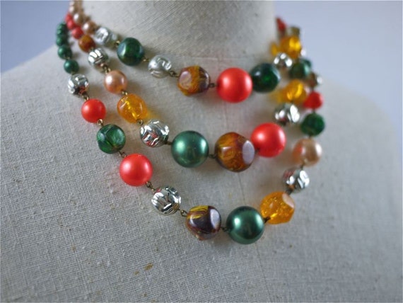 50s 60s Bright Beaded Mutli-Strand Tiered Necklace - image 2