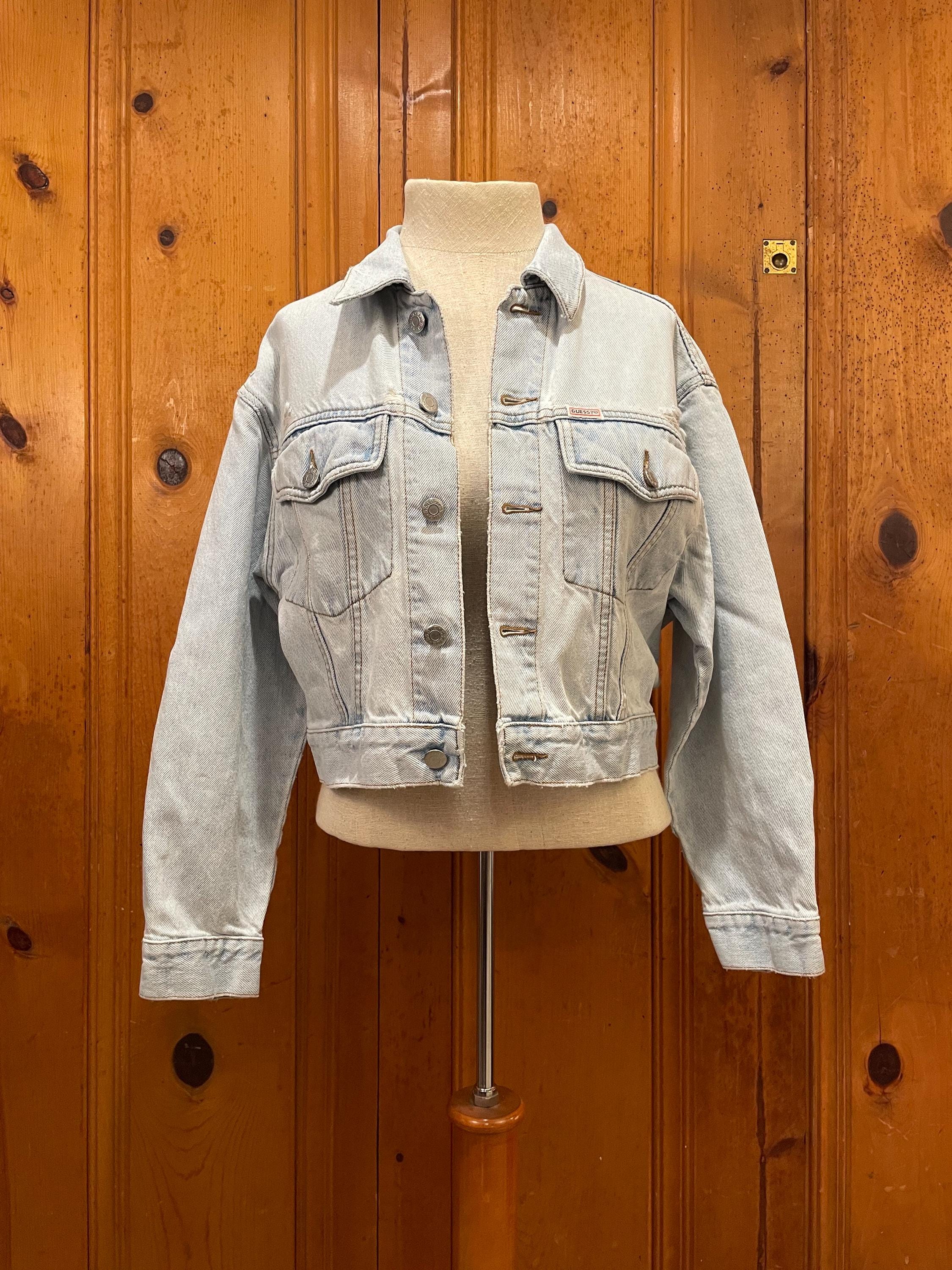 Veste Denim Guess Années 90 - Bleu Clair Délavé à L'Eau De Javel - Taille S Slim