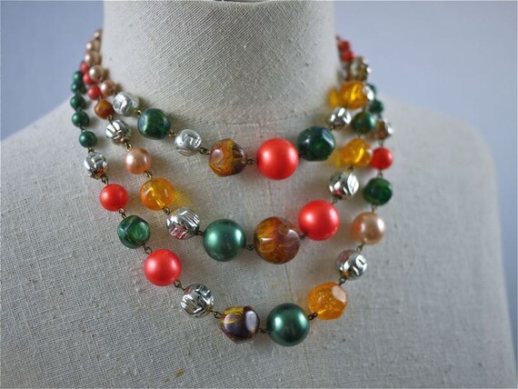 50s 60s Bright Beaded Mutli-Strand Tiered Necklace - image 3