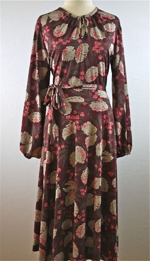 70s Maroon Belted Flowy Floral Dress