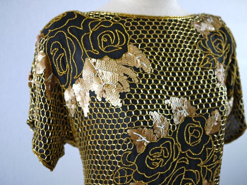 Gold and Black Sequined Short Sleeve Floral Beaded Blouse
