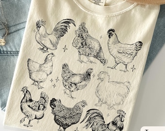 Camiseta Retro Chicken Comfort Colors®, Camiseta Fazenda com Galinhas no Quintal, Camiseta para Fazendeiro, Presente para Ela com Tema de Galinhas, Camiseta Boho para Esposa de Fazendeiro