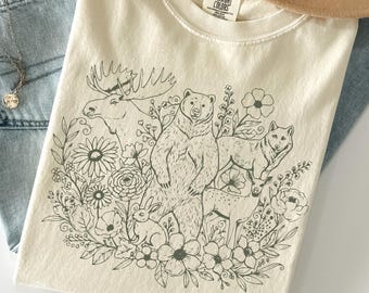 Maglietta Comfort Colors® Woodland Animals, maglietta con animali selvatici, orso, alce, lupo, vintage, nordamericano, regalo per gli amanti della natura