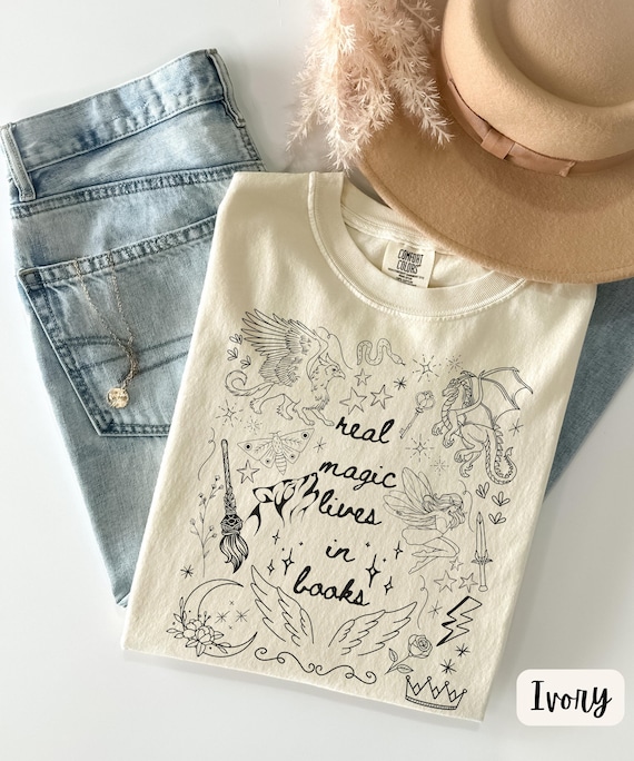 Real Magic Lives in Books Fantasy Reader Shirt, Whimsical Fantasy Doodle Book Tee, Fae Lover T-Shirt, Romantasy Reader Tee, Librarian Shirt