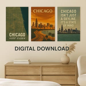 Set of 3 Chicago Posters – Digital Download Wall Art – Printable Urban City Decor – High Resolution 300 DPI