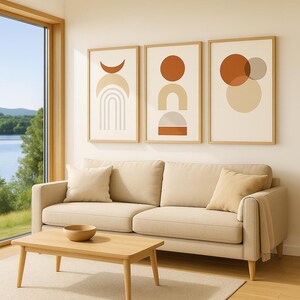 Pôster moderno escandinavo em terracota bege - Conjunto de 3 impressões de arte abstrata geométrica - Arte de parede digital para decoração de sala de estar - Para impressão