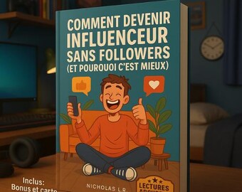 May include: A book titled "COMMENT DEVENIR INFLUENCEUR SANS FOLLOWERS (ET POURQUOI C'EST MIEUX)" features a cartoon illustration of a person holding a phone and giving a thumbs up. The cover is teal with orange and white text. The book is on a wooden surface.